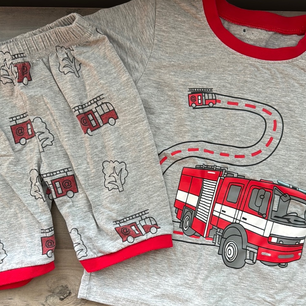 Gray and Red Pajama Set with Fire Truck Design
